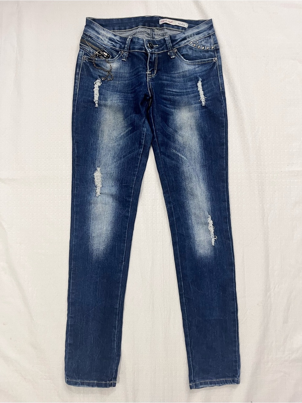 Salsa Straight Leg Distressed Dark Blue Jeans with Chain Accent size 27
